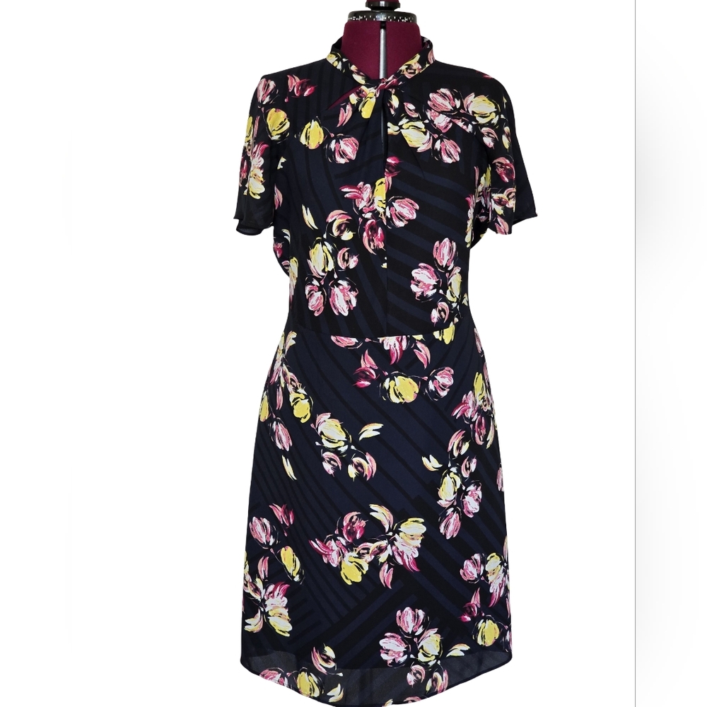 Banana Republic Floral Black Dress Size 12 Business Casual Wedding Guest Cocktai